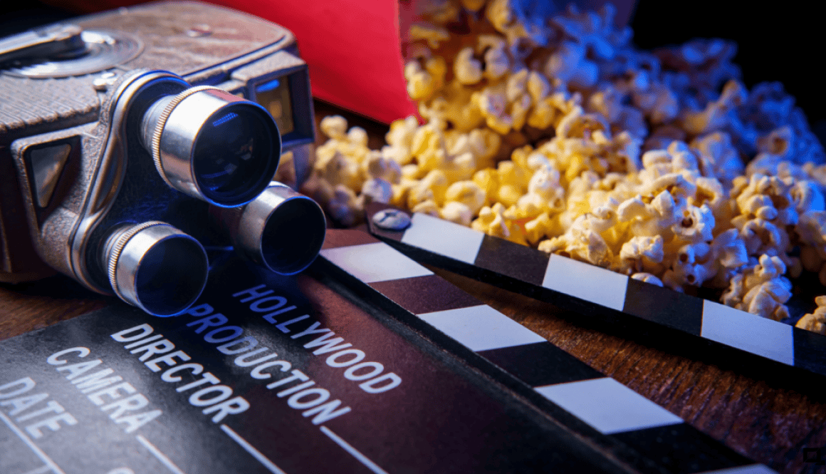 popcorn and movie camera promoting movie night in pickaway county, ohio.