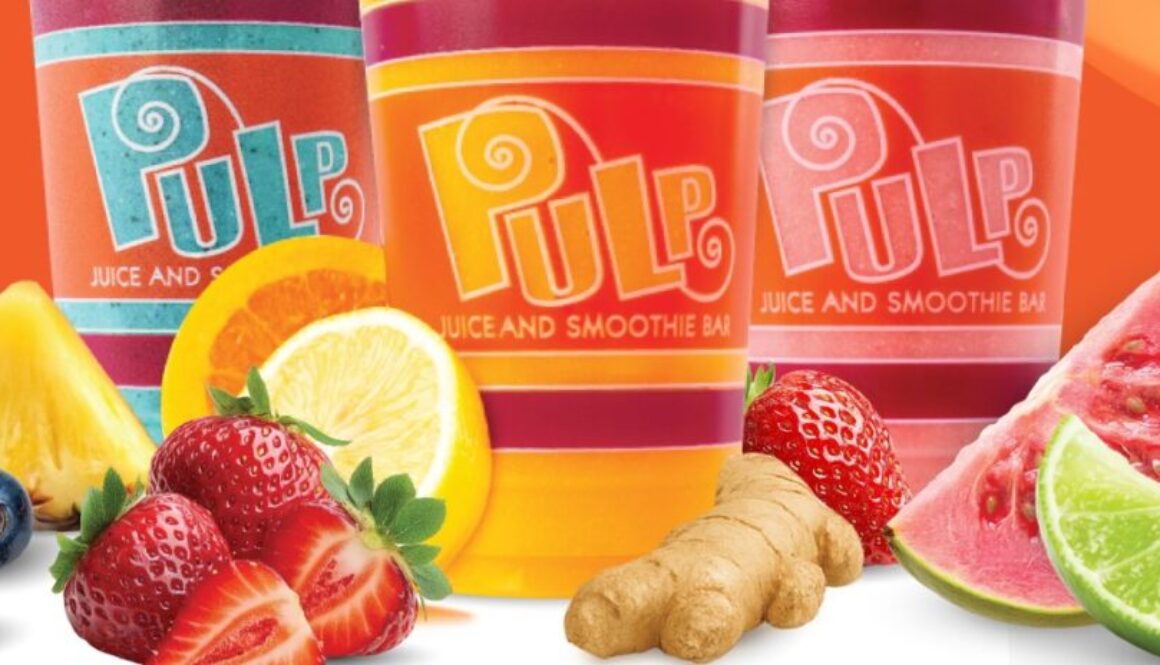 Colorful promotional graphic featuring three Pulp Juice and Smoothie Bar drinks in blue, yellow, and pink cups with straws, surrounded by fresh fruit including strawberries, pineapple, blueberries, citrus, ginger, and watermelon.