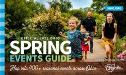 2026 Ohio Spring Events Guide featuring a family exploring a garden path, promoting spring events and travel across Ohio