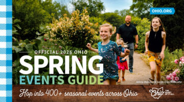 2026 Ohio Spring Events Guide featuring a family exploring a garden path, promoting spring events and travel across Ohio