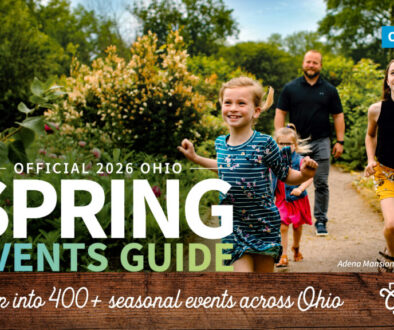 2026 Ohio Spring Events Guide featuring a family exploring a garden path, promoting spring events and travel across Ohio