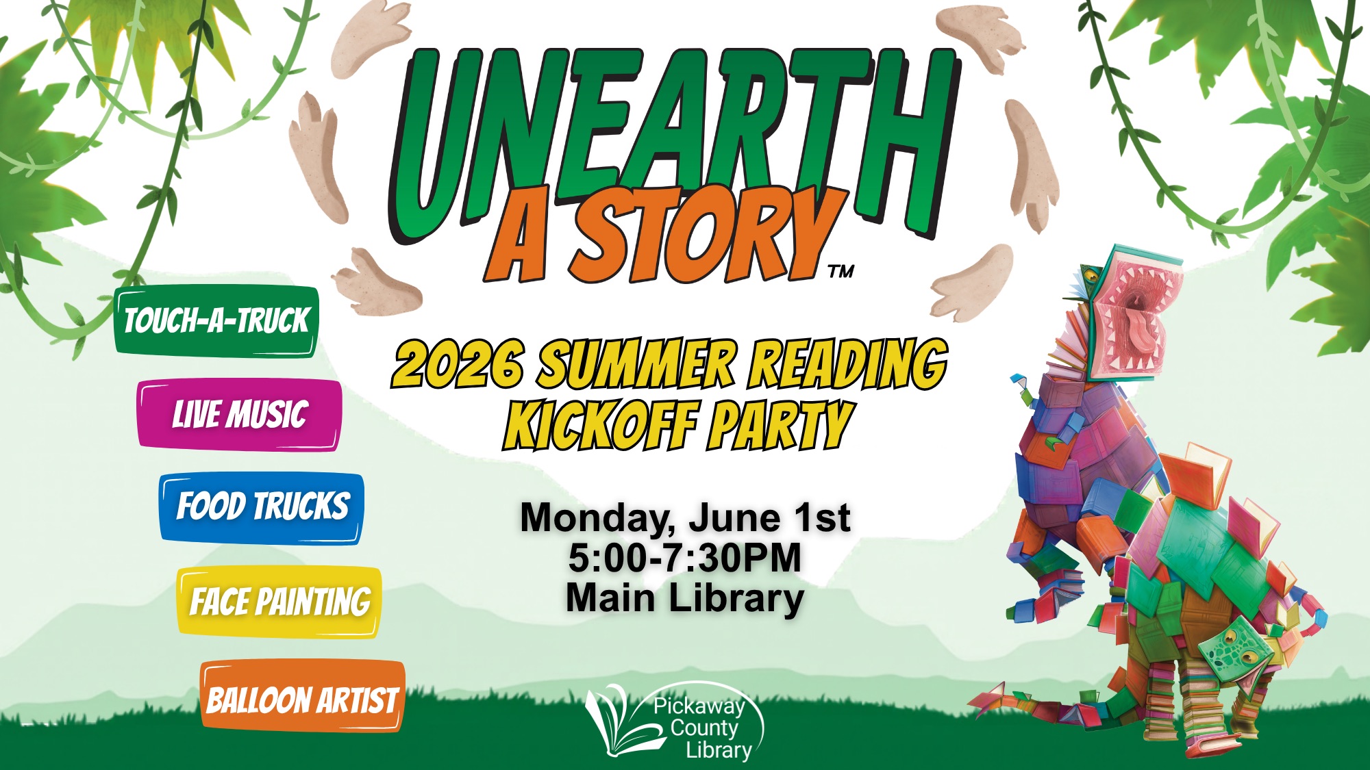 Attend the Summer Reading Kick Off Party in Circleville, Ohio on June 1 featuring Touch-a-Truck, live music, food trucks, and family activities.