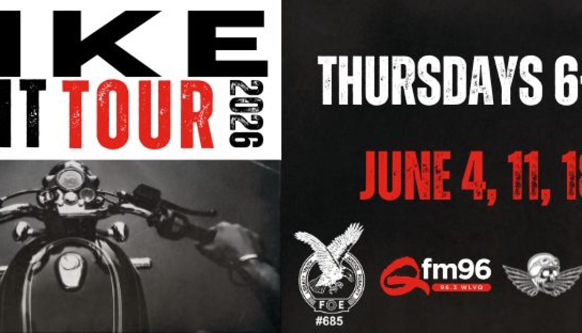 Promotional graphic for the 2026 Qfm96 Bike Night Tour at Circleville Eagles, featuring Thursday dates in June from 6 to 9 PM.