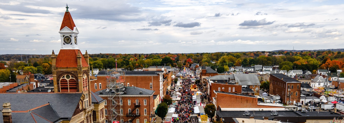 Aerial view of the Circleville Pumpkin Show with thousands of visitors filling downtown Circleville streets in fall