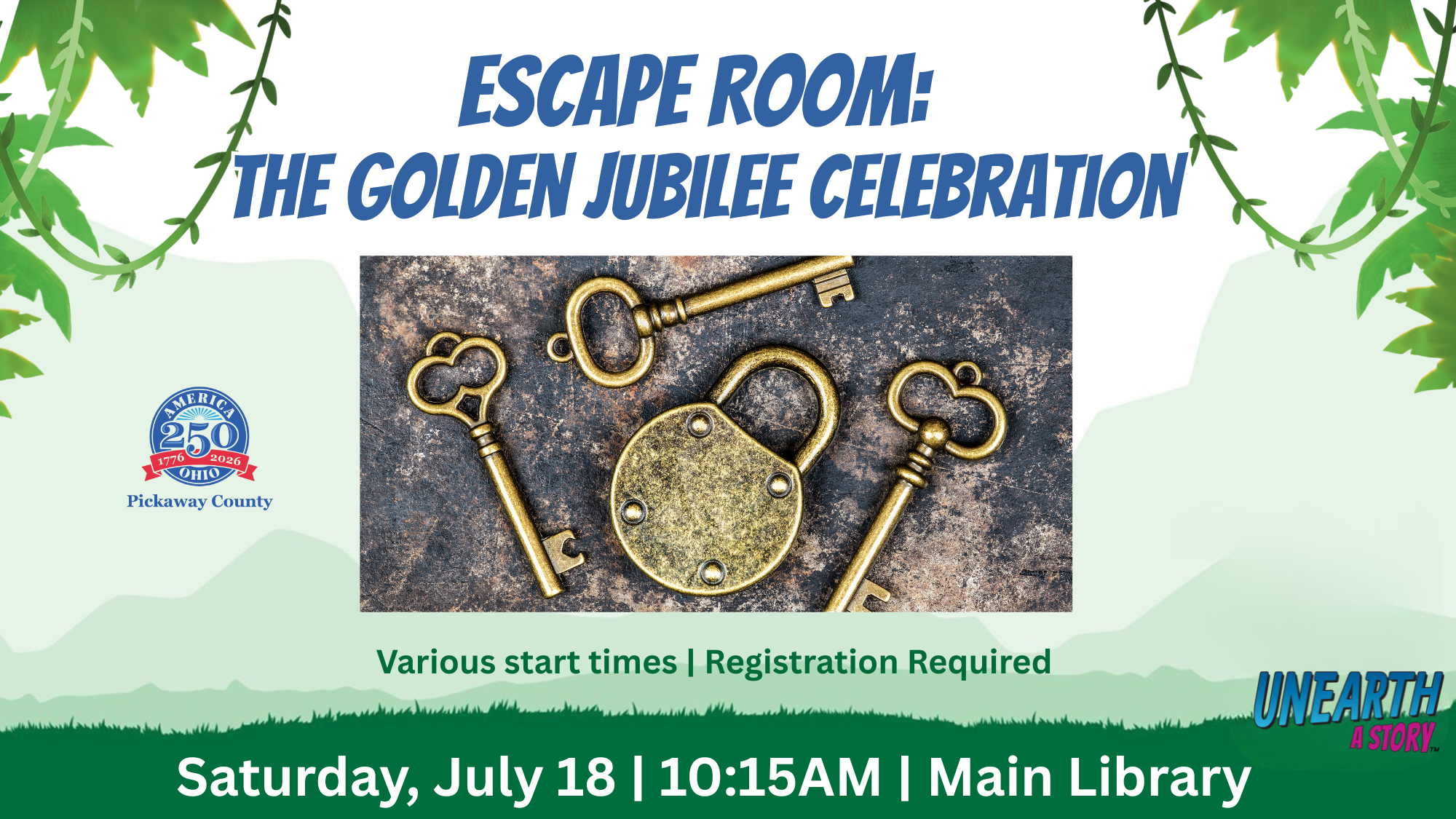 Flyer for "Escape Room: Golden Jubilee Celebration," featuring gold coins and a skeleton key, with various start times and registration required.