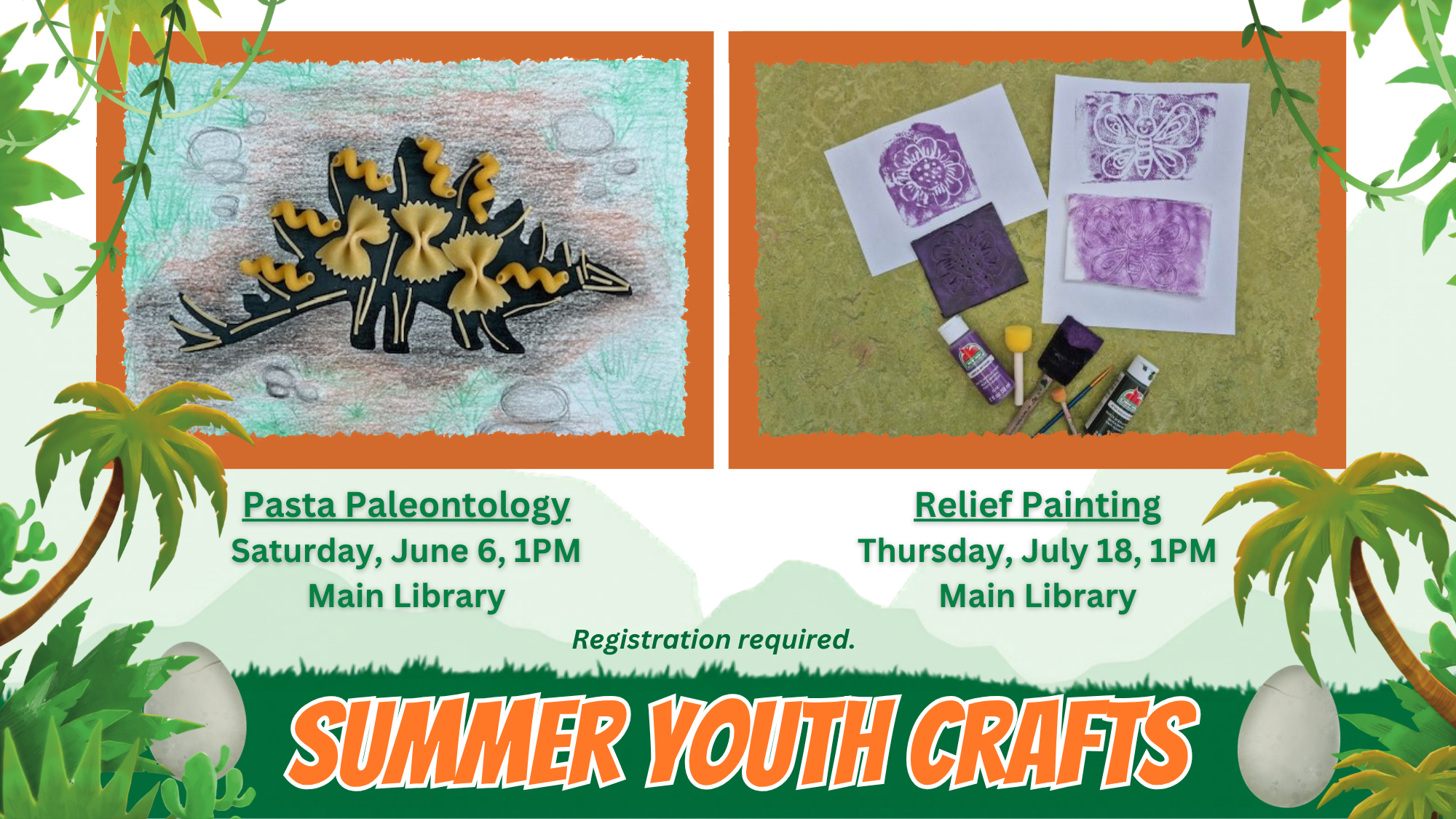 Flyer for Summer Youth Craft programs at Main Library, featuring colorful craft and nature-themed imagery, with sessions in June and July.