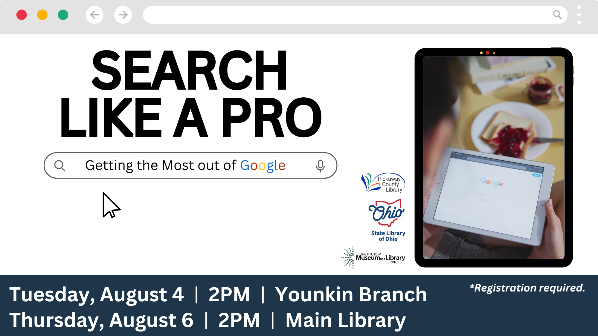 Pickaway County Library Search Like a Pro: Getting the Most Out of Google workshop flyer
