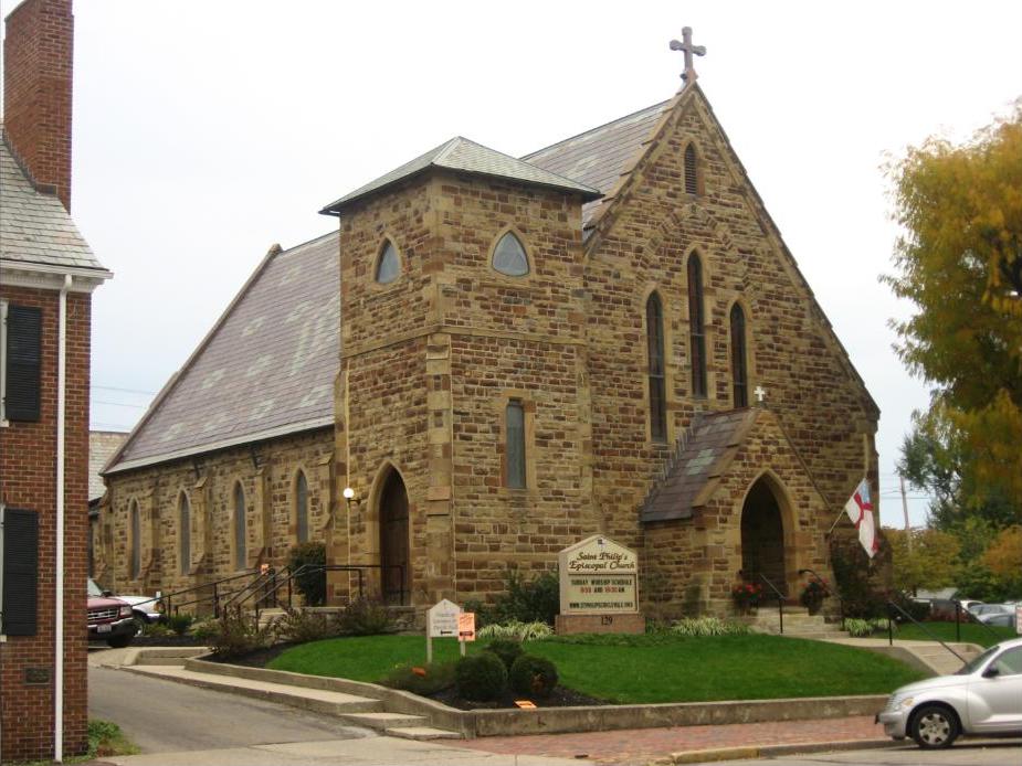 Front exterior of St. Philip's Episcopal Church, a stone Gothic Revival church in Circleville, Ohio