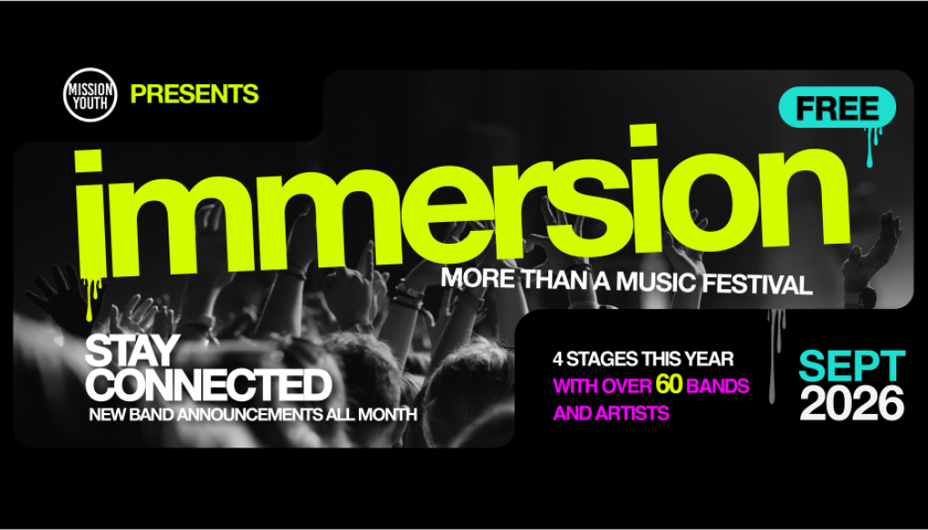 Immersion Festival 2026 poster, Mission Youth presents a free music festival with 4 stages and 60+ bands and artists, September 2026