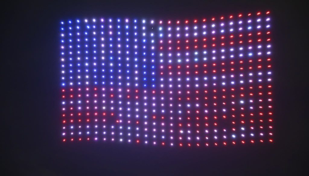 Images og drone lights how in sky with American Flag