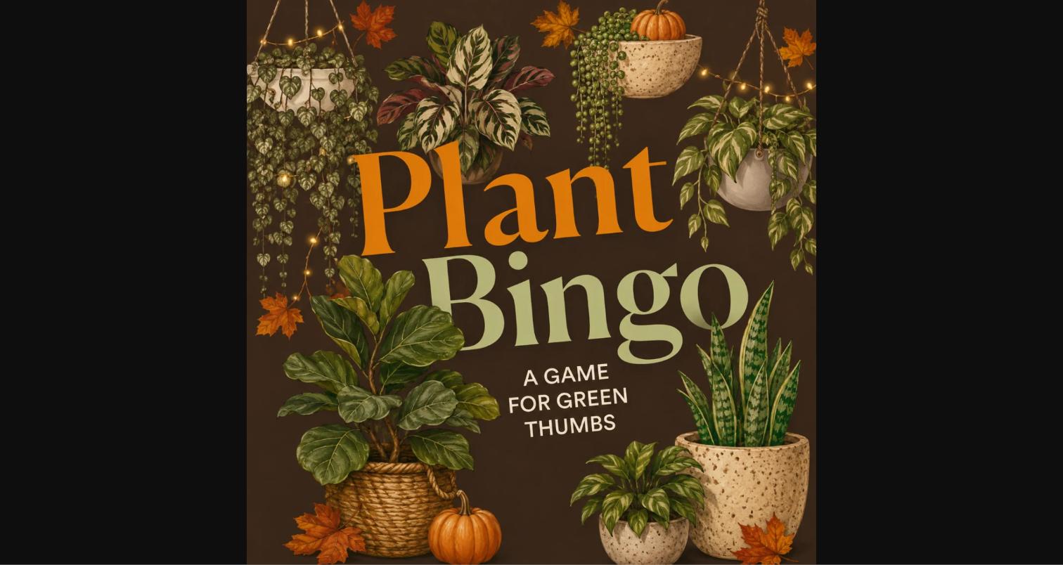 Plant Bingo illustrated poster with houseplants, a game for green thumbs at Rhoads Garden Center