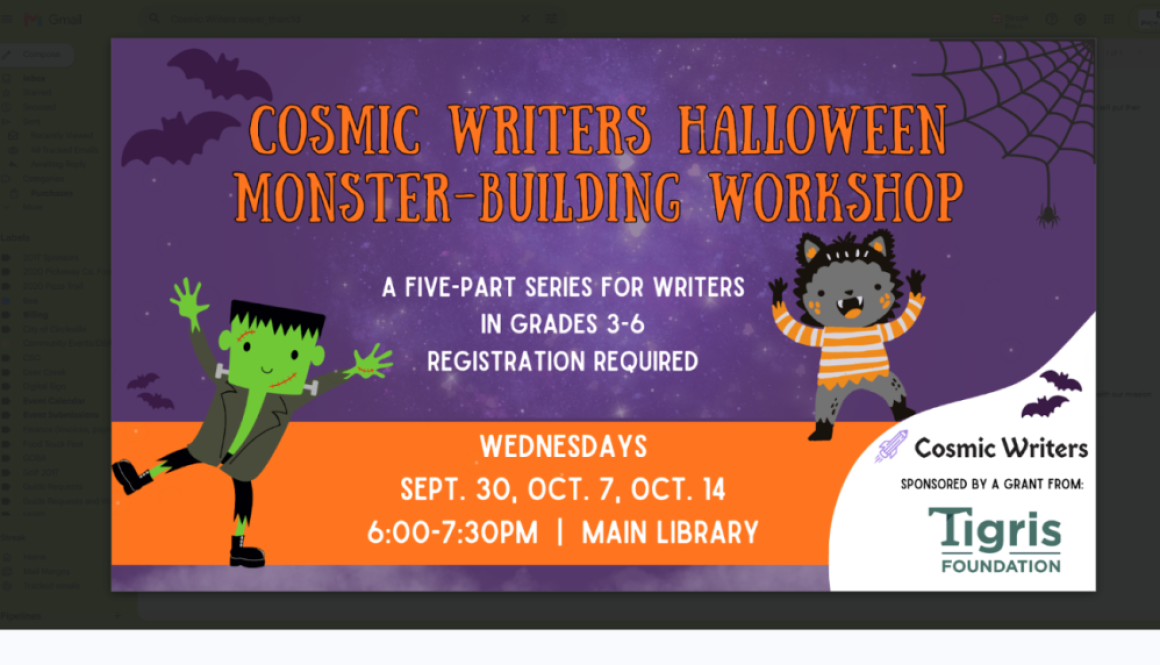 Cosmic Writers Halloween Monster-Building Workshop flyer, grades 3-6, Wednesdays Sept 30-Oct 14, Main Library