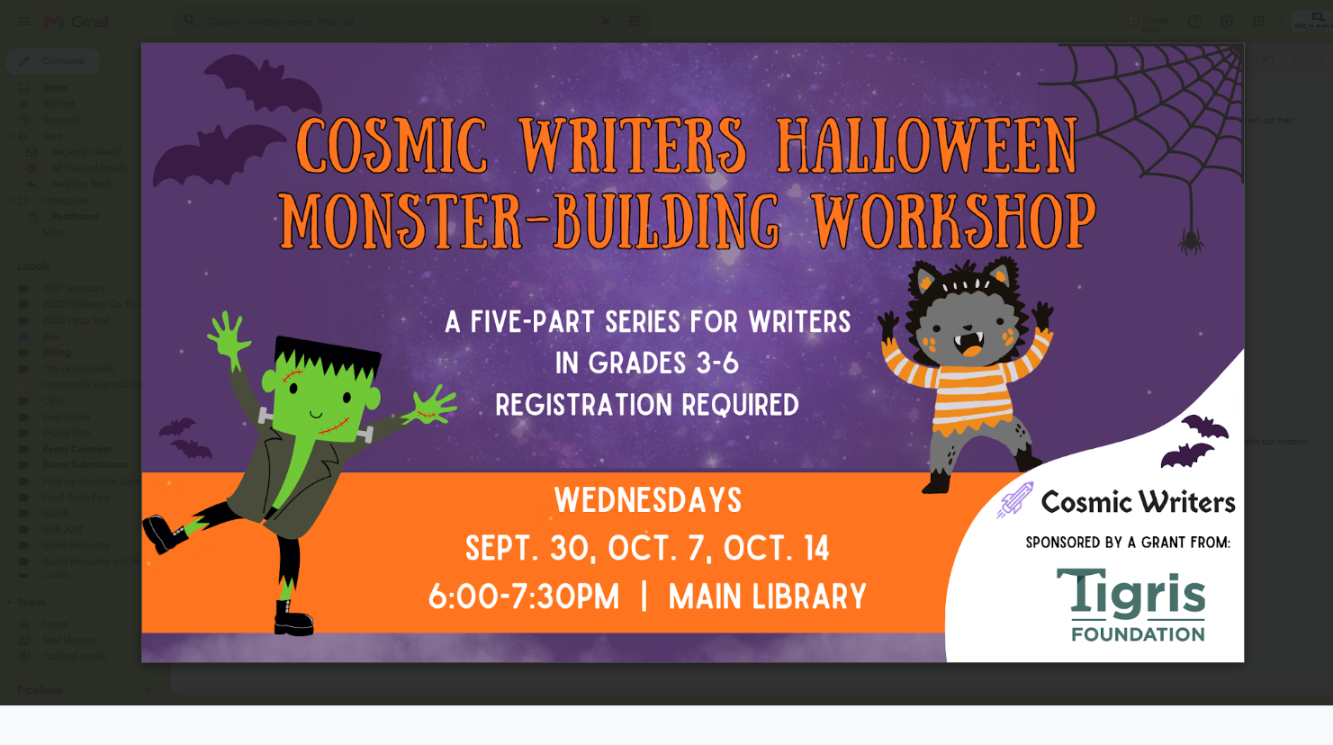 Cosmic Writers Halloween Monster-Building Workshop flyer, grades 3-6, Wednesdays Sept 30-Oct 14, Main Library