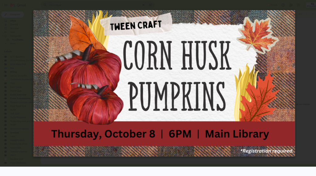 Corn Husk Pumpkins tween craft event flyer, Thursday, October 8, 6PM, Main Library