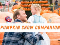 Pumpkin Show Companion: a man holds a smiling girl in a princess dress among giant pumpkins. Pickaway County Visitors Bureau logo