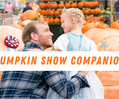 Pumpkin Show Companion: a man holds a smiling girl in a princess dress among giant pumpkins. Pickaway County Visitors Bureau logo
